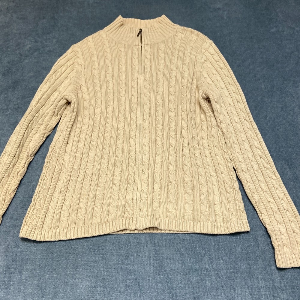 L.L. Bean Sweater Womens XL Beige Cotton Cable Knit Mock Neck Full Zip Winter